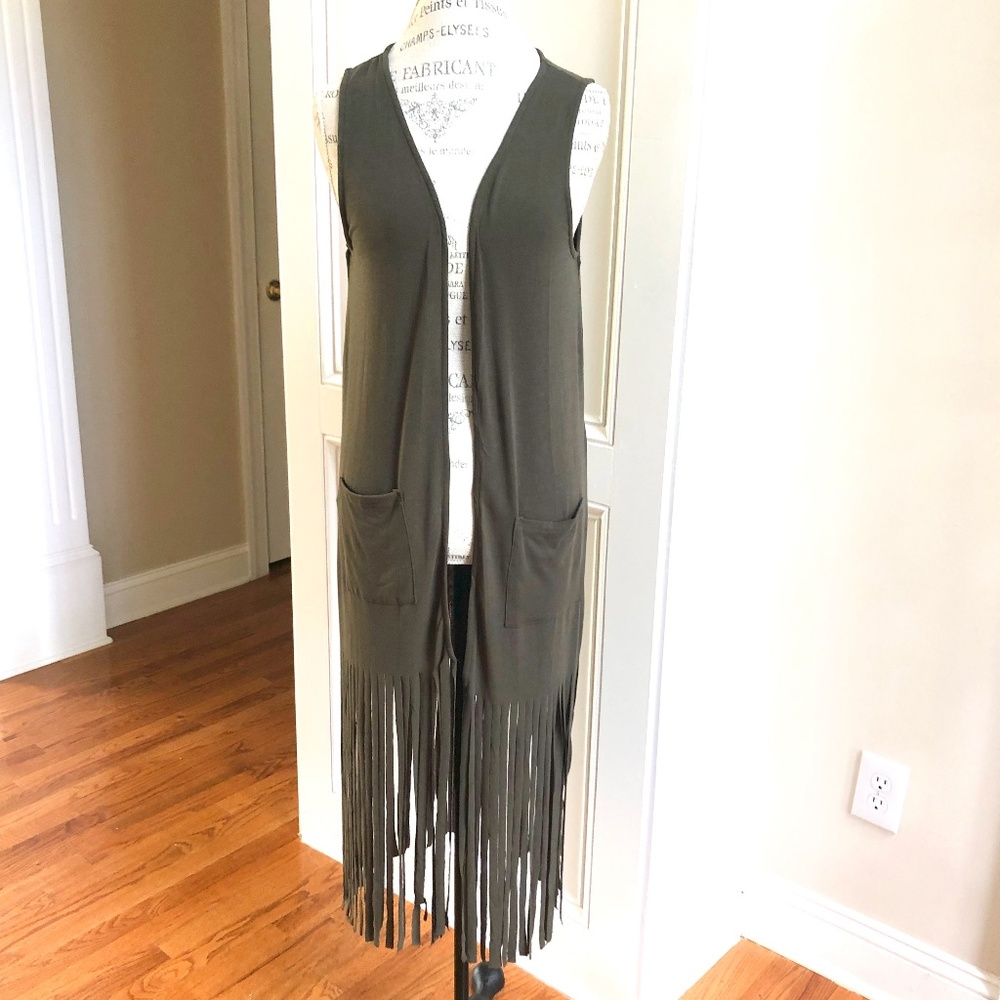 Long Fringe Vest Duster Front Pockets New Olive - Picture 8 of 8